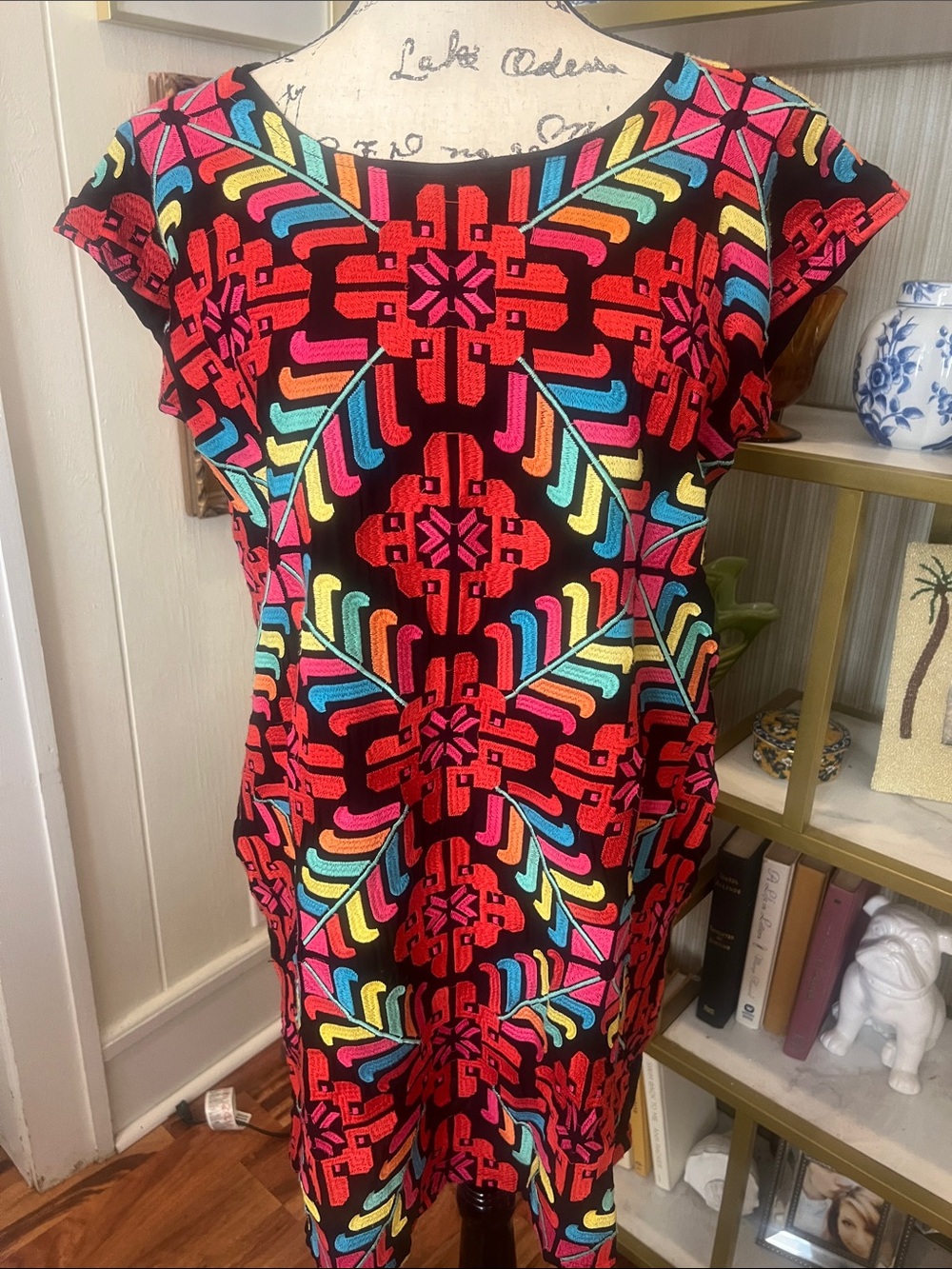 J. Marie Colorful Embroidered Shift Dress - Black with Multicolor Motif